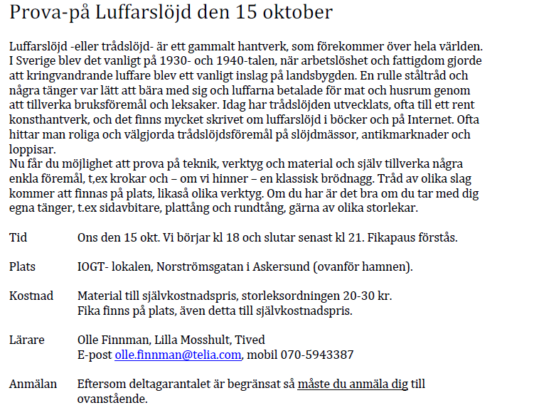 Inbjudan till prova-på-kurs i luffarslöjd
